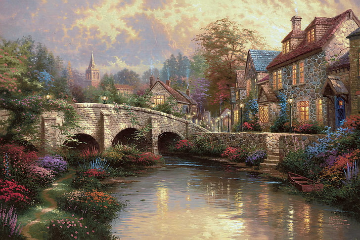 Thomas Kinkade Winter Puzzles, town house, village, canal, medieval Free HD Wallpaper