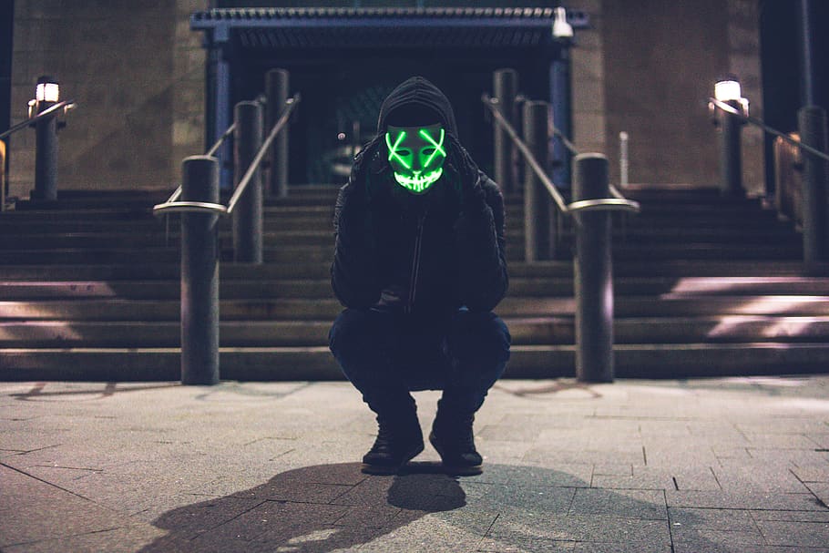 Wearing a Mask with a Hoodie, crouch, street, built structure, warm clothing Free HD Wallpaper