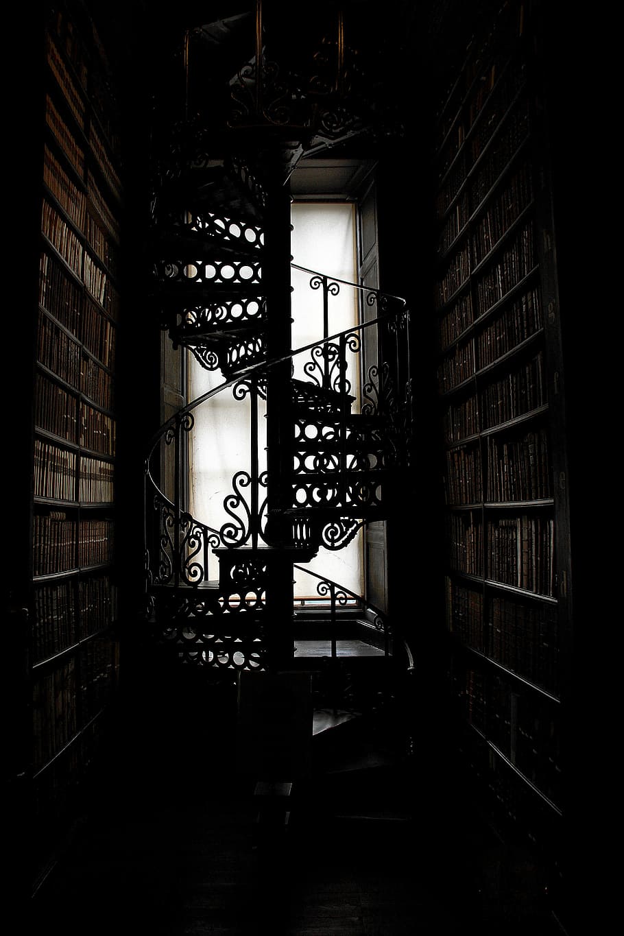 Winding Staircase, window, library, shelf, steps and staircases