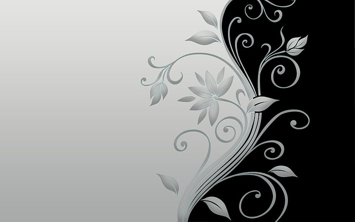 Black and White Abstract Flowers, swirl, computer graphic, black color, leaf Free HD Wallpaper