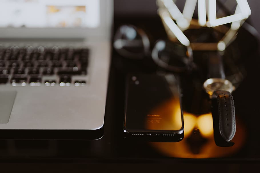 computer, black desk, gold frame, mockup Free HD Wallpaper