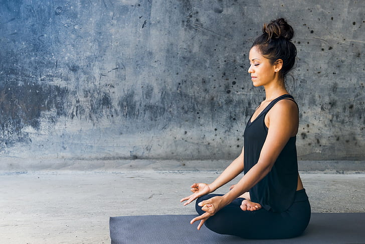 Cool Meditation, yoga pants, profile, sitting, legs crossed Free HD Wallpaper