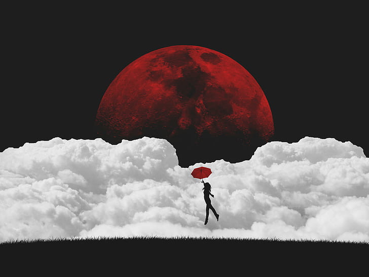 Fly Me to the Moon Characters, umbrella, surreal, moon, dark