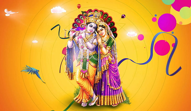 Holi Painting, mural, front view, yellow, krishna Free HD Wallpaper