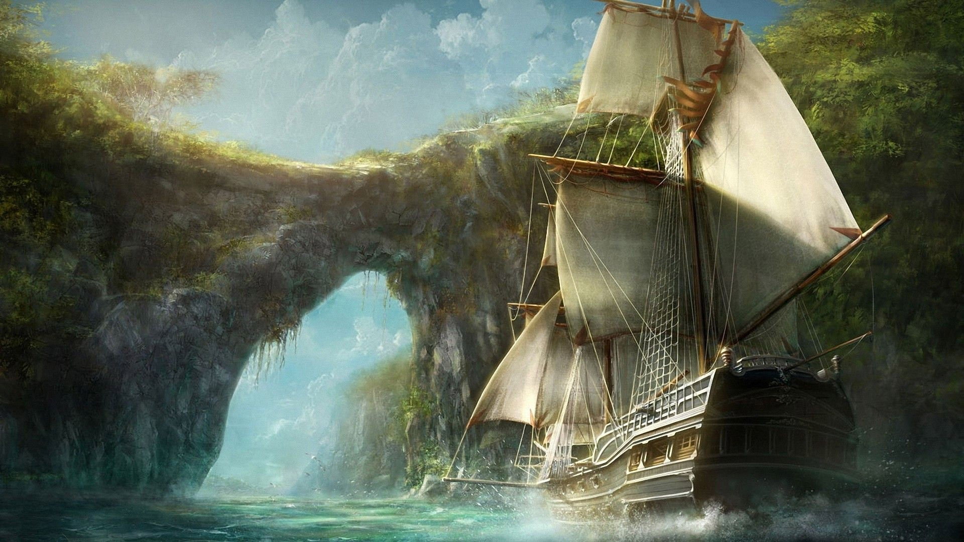 Pirate Ship Battle Art, transportation, outdoors, sunlight, sea