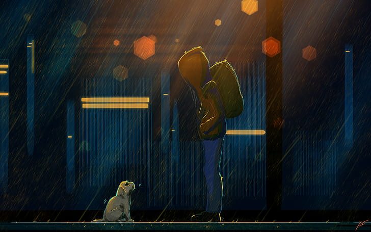 Sad Alone Boy in Love, rain, dog, artistic, sad