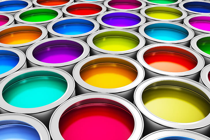 Small Paint Cans, glitter metal, bright colors, banks with paints, reflections of light Free HD Wallpaper