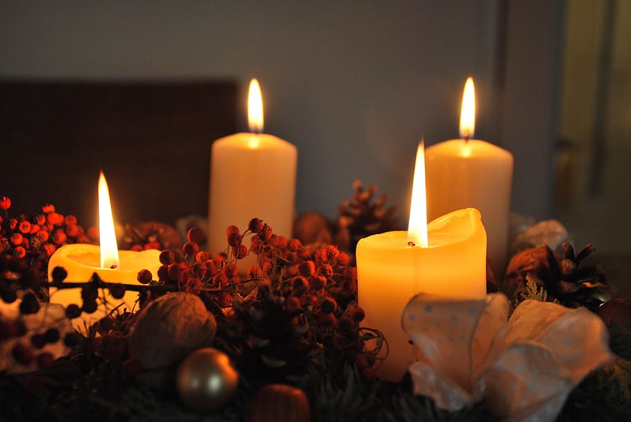 Advent Wreaths and Candles, indoors, closeup, illuminated, religion Free HD Wallpaper