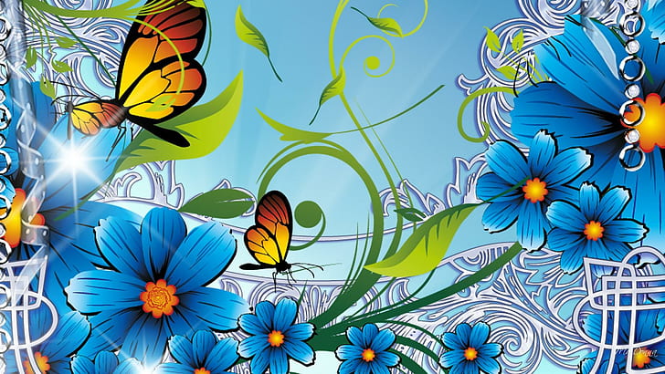 Birds Butterflies and Blooms, summer, 3d and abstract, blue, summers Free HD Wallpaper