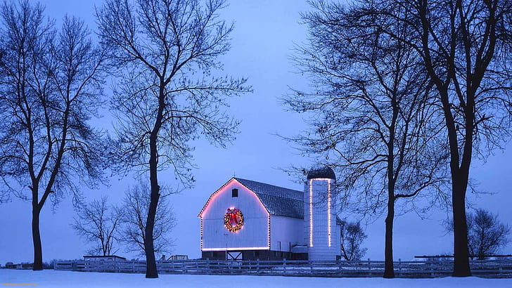 Christmas Barn in Snow, nature and landscapes, snow, lighted, barn Free HD Wallpaper