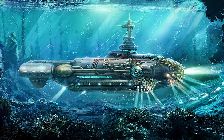 Dieselpunk Submarine, outdoors, aquatic sport, blue, security Free HD Wallpaper