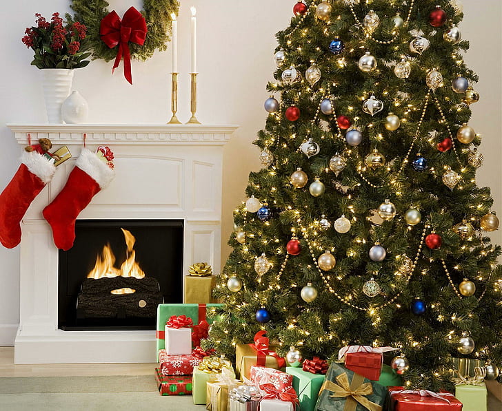 home, fireplace, christmas, tree Free HD Wallpaper