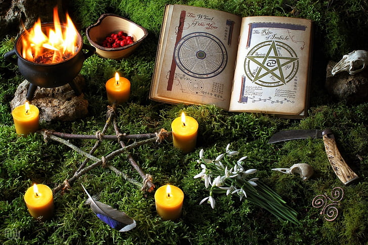 Imbolc Celebrations, the occult, book, pentagram, candles Free HD Wallpaper