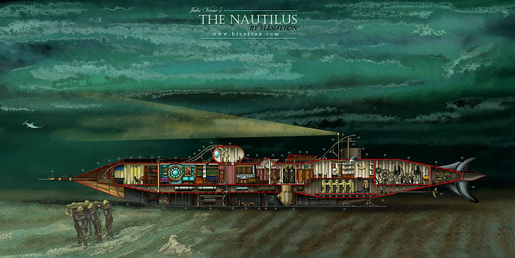 Jules Verne 20 000 Leagues Under the Sea, nautilus, submarine, lights, technology Free HD Wallpaper