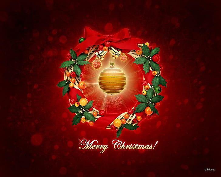 Merry Christmas Red, christmas, wreath,, year, merry Free HD Wallpaper