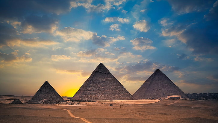 Pyramids of Giza Sunset, archaeology, great pyramid, pyramid shape, sunset Free HD Wallpaper