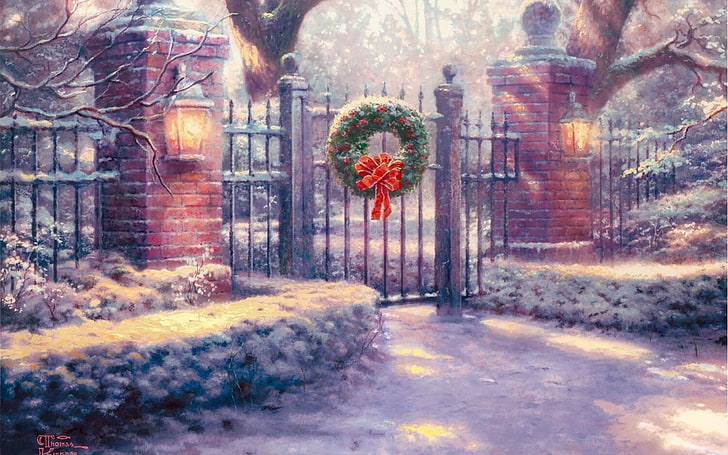 The Light of Christmas Thomas Kinkade, gate, architecture, urban scene, tranquil scene Free HD Wallpaper