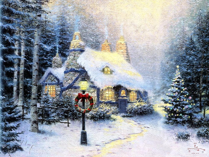 Thomas Kinkade Christmas Winter Scenes, standing, day, one person, warm clothing Free HD Wallpaper
