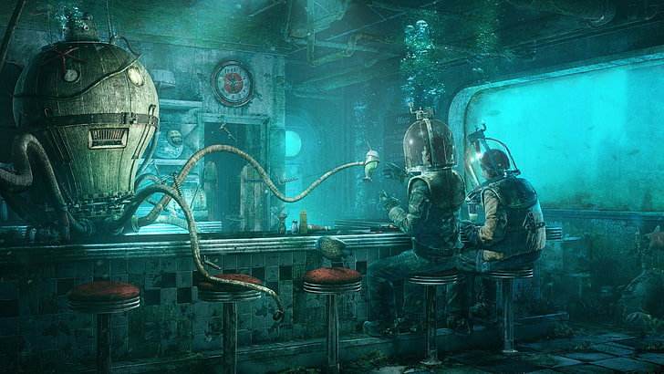 Underwater Zombie, guest, wall  building feature, digital composite, window Free HD Wallpaper