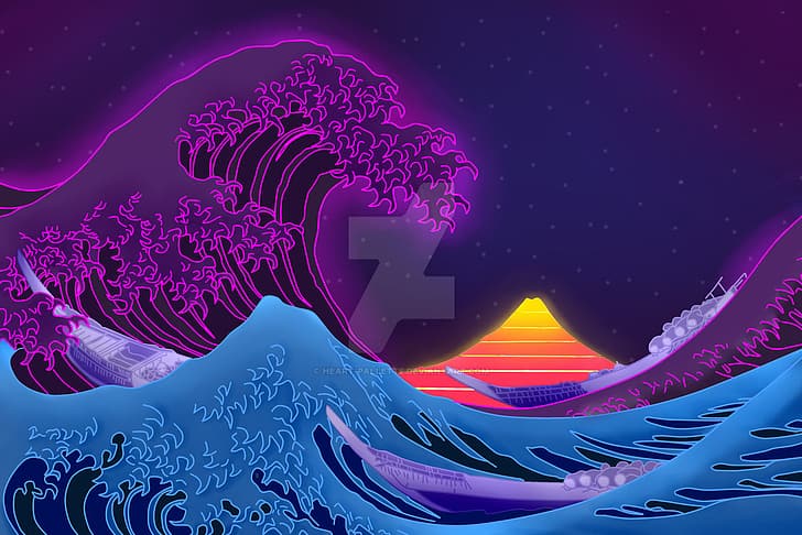 Water Lilies, retrowave, sun, the great wave off kanagawa, glitch art Free HD Wallpaper