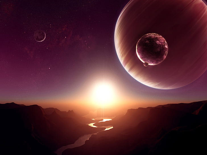 Alien Planet Drawing, universe, rising, sun, Rising Free HD Wallpaper