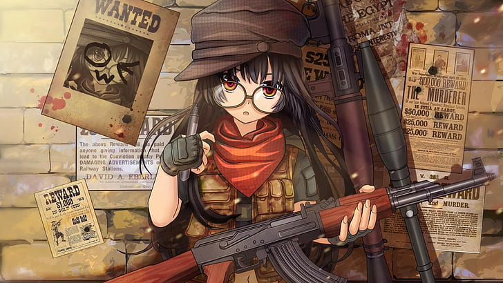 Anime Girl Glasses, ak47, gun, gloves, rifles Free HD Wallpaper