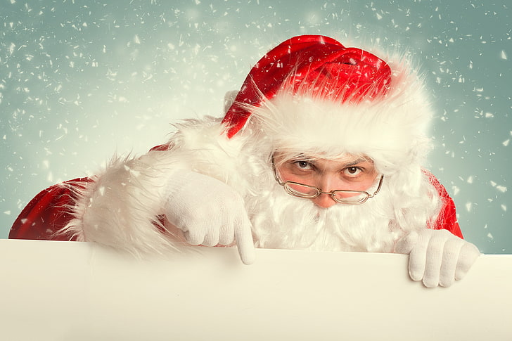 Christmas Santa Claus, season, hat, looking at camera, gift Free HD Wallpaper