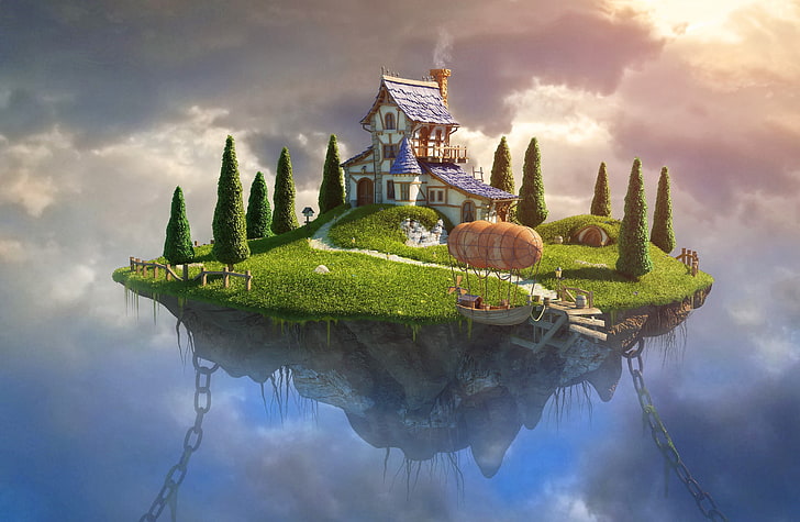 Floating Island Concept Art, no people, day, floating island, clouds Free HD Wallpaper