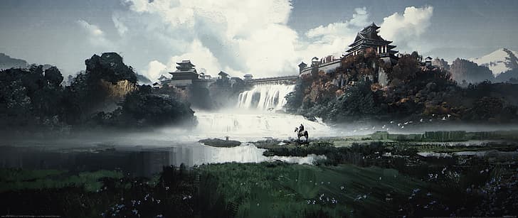 Ghost of Tsushima Computer, waterfall, ultrawide, ghost of tsushima, horse Free HD Wallpaper