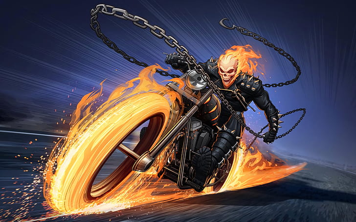 Ghost Rider On Bike, fire, marvel comics, ghost rider, comics Free HD Wallpaper