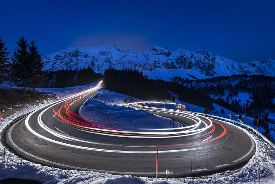 motion, night, winter, tarmac Free HD Wallpaper