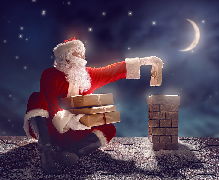 Santa On Roof Cartoon, gloves, a month, boots, throws Free HD Wallpaper