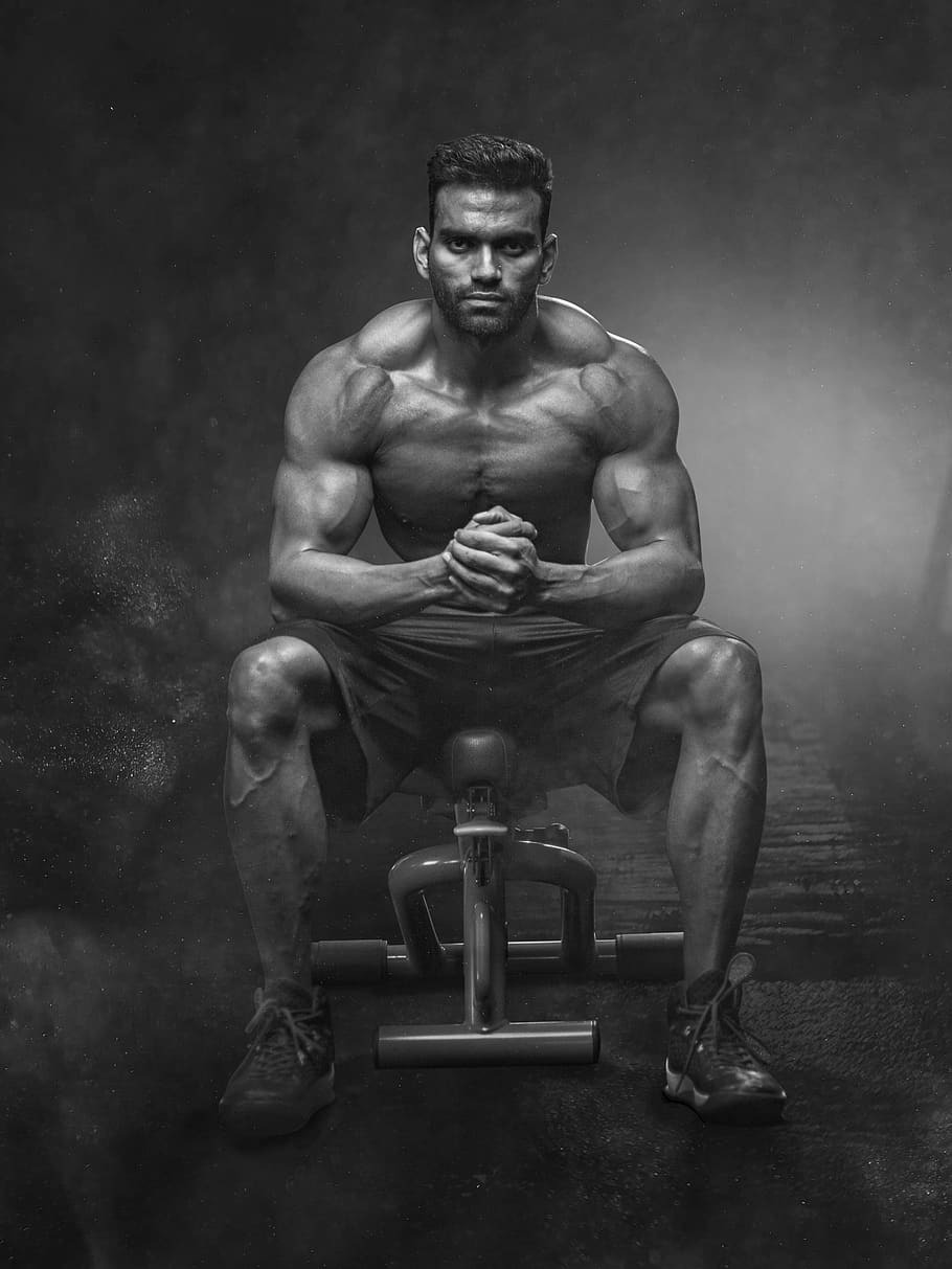 Strong Man Black and White, healthy lifestyle, dark, sitting, fit Free HD Wallpaper