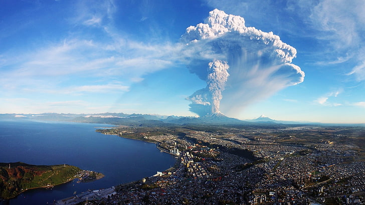 Ultra HD Nature, outdoors, pollution, birds eye view, erupting