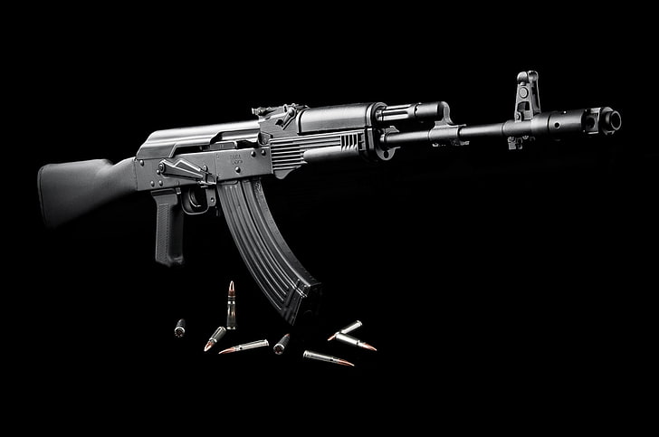 Zombie AK-47, no people, warning sign, black background, aiming Free HD Wallpaper