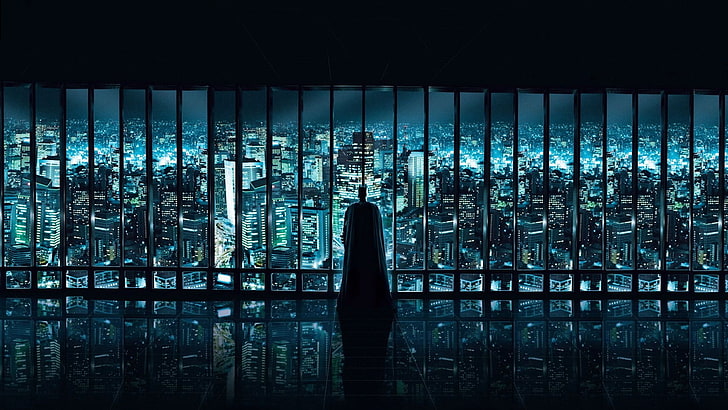 Batman Gotham City Skyline, silhouette, the dark knight, standing, connection Free HD Wallpaper