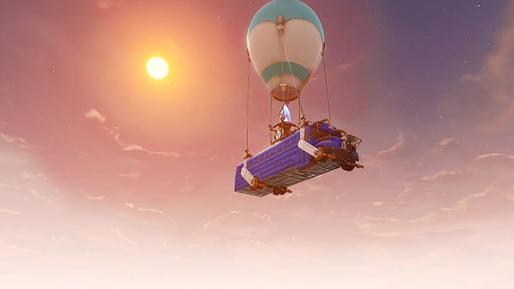 Fortnite Battle Bus Balloon, outdoors, sunset, fortnite, low angle view Free HD Wallpaper