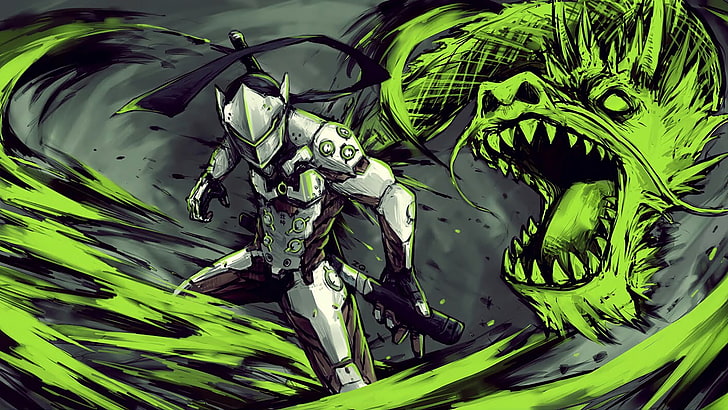 Overwatch Genji vs Hanzo Art, genji overwatch, green color, animal themes, water Free HD Wallpaper