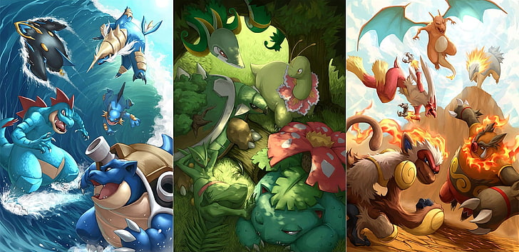 Pokemon Starters, cartoon, multi colored, human representation, illustration Free HD Wallpaper