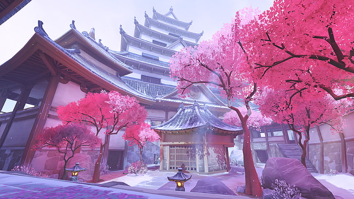 Sakura Landscape Overwatch Map, architectural column, branch, hanamura overwatch, pink color Free HD Wallpaper