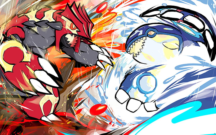 Shiny Primal Groudon and Kyogre, closeup, animal representation, variation, creativity Free HD Wallpaper