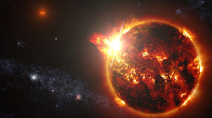 Sun Solar Flares, glowing, moon, planet  space, star  space Free HD Wallpaper