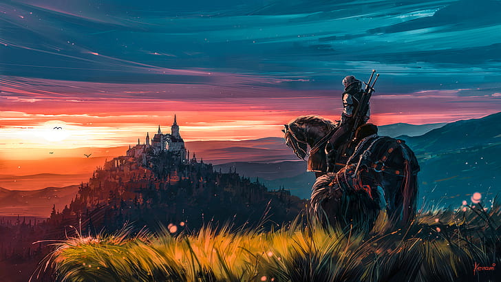 Aenami, kingdom, the witcher, evening, geralt of rivia Free HD Wallpaper