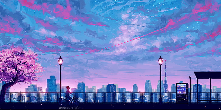 Aesthetic Anime City, landscape, cycle, hd, cityscape Free HD Wallpaper