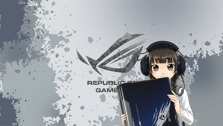 Anime Girl Playing Computer, republic of gamers, anime girls, asus rog Free HD Wallpaper