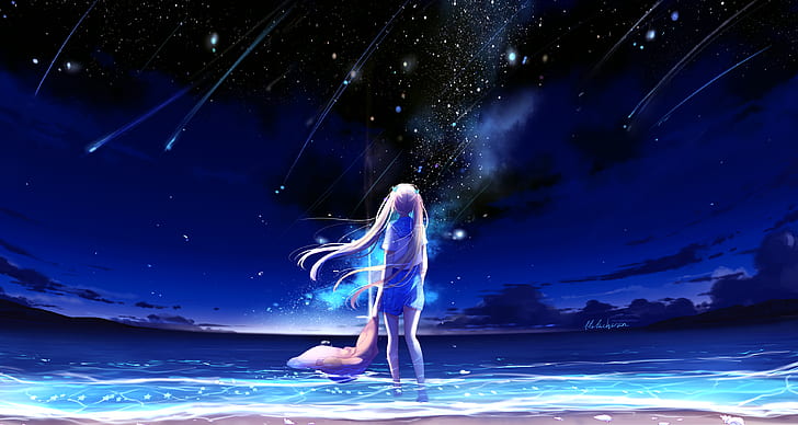 Anime Pics, sea, anime girl, blue, night Free HD Wallpaper