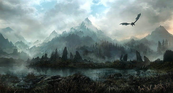 dragon,, mountains,, the elder scrolls v skyrim, fantasy art Free HD Wallpaper