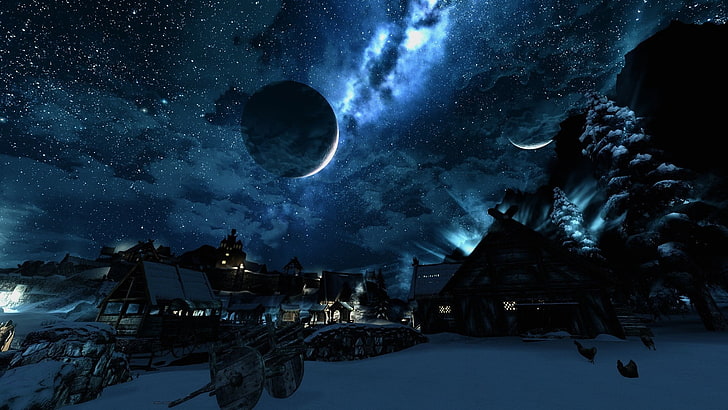 Dragons, moonlight, the elder scrolls v skyrim, built structure, star  space Free HD Wallpaper