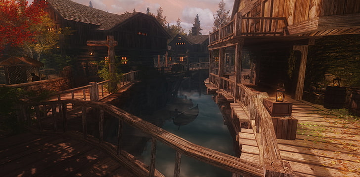 Elder Scrolls Skyrim Characters, building exterior, plant, canal, water Free HD Wallpaper