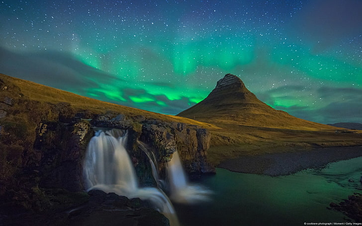 Kirkjufell Winter, astronomy, nature, flowing water, beauty in nature Free HD Wallpaper